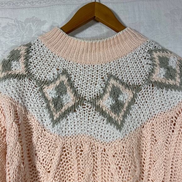 Vintage Sweater Medium Pink Gray Fair Isle Cable Knit Open Picket Poot Coquette - Picture 5 of 12